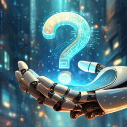 Robot hand and hologram question mark