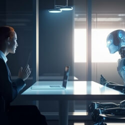 Businessman and robot working together in modern office.generati