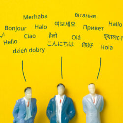 Abstract people in different languages say hello. Translation concept.